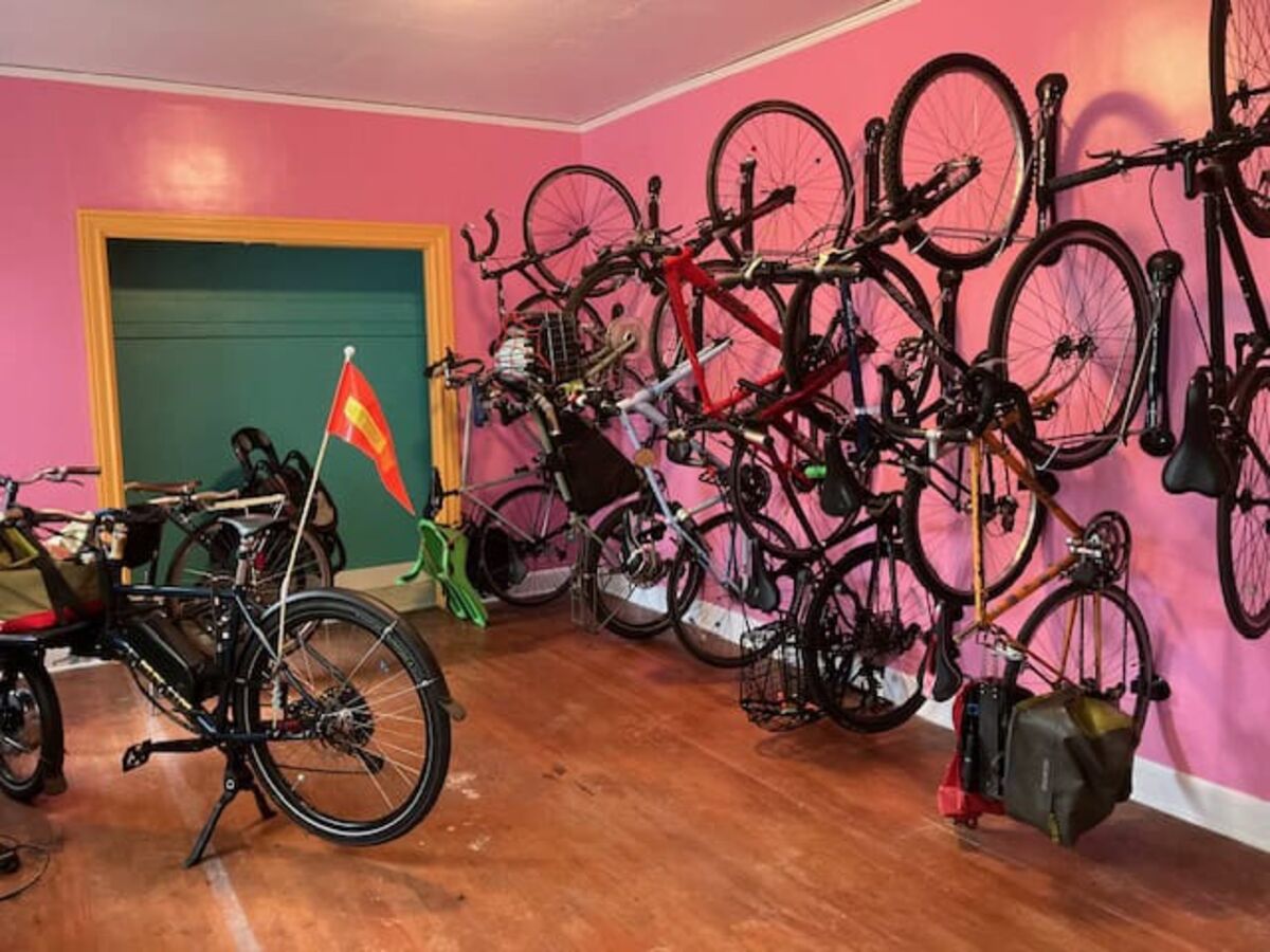 A shared bike room full of member bicycles